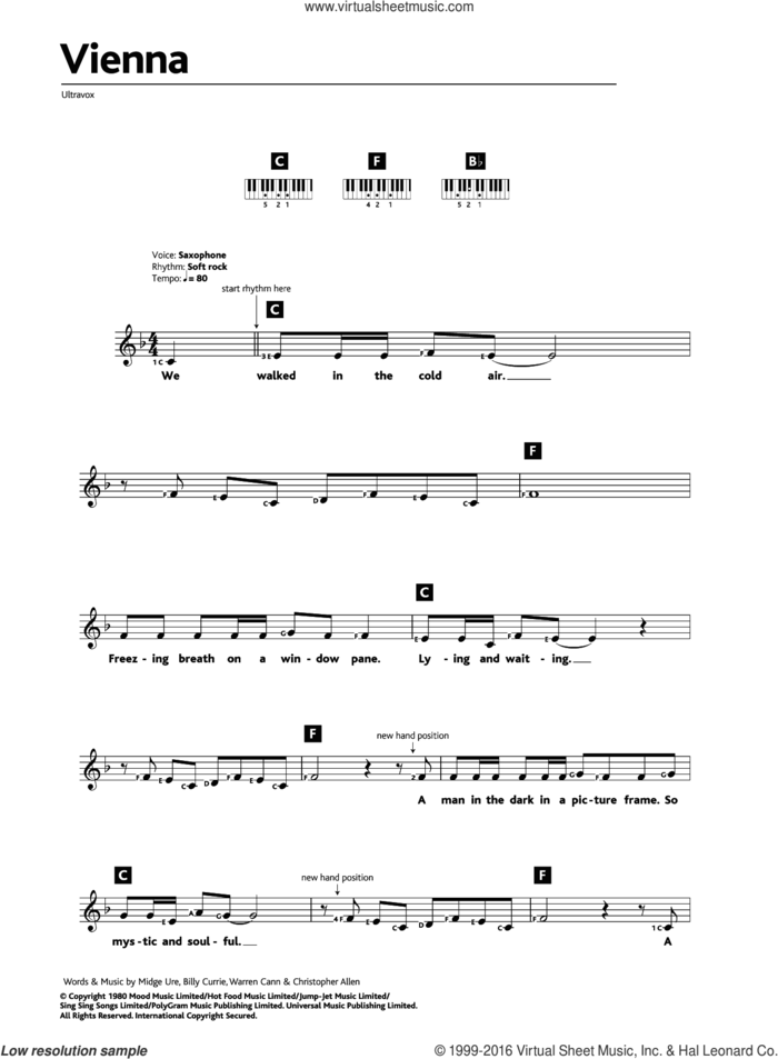 Vienna sheet music for piano solo (chords, lyrics, melody) by Ultravox, Billy Currie, Christopher Allen, Midge Ure and Warren Cann, intermediate piano (chords, lyrics, melody)
