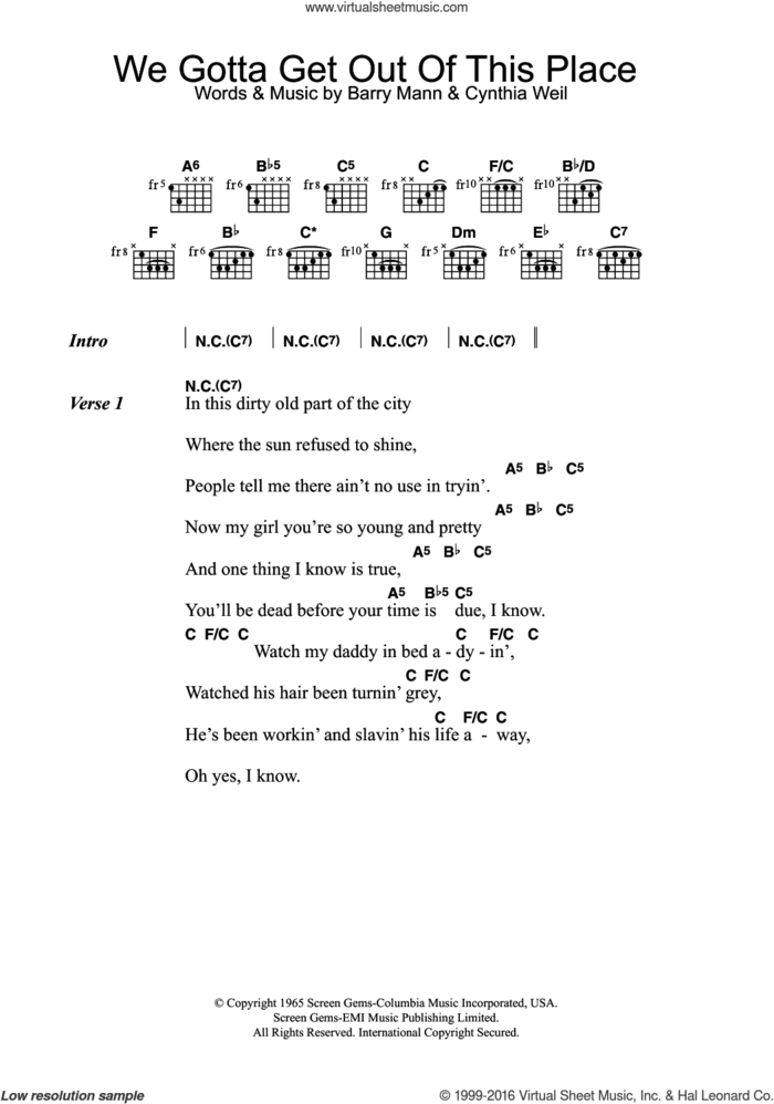 We Gotta Get Out Of This Place sheet music for guitar (chords) by The Animals, Barry Mann and Cynthia Weil, intermediate skill level