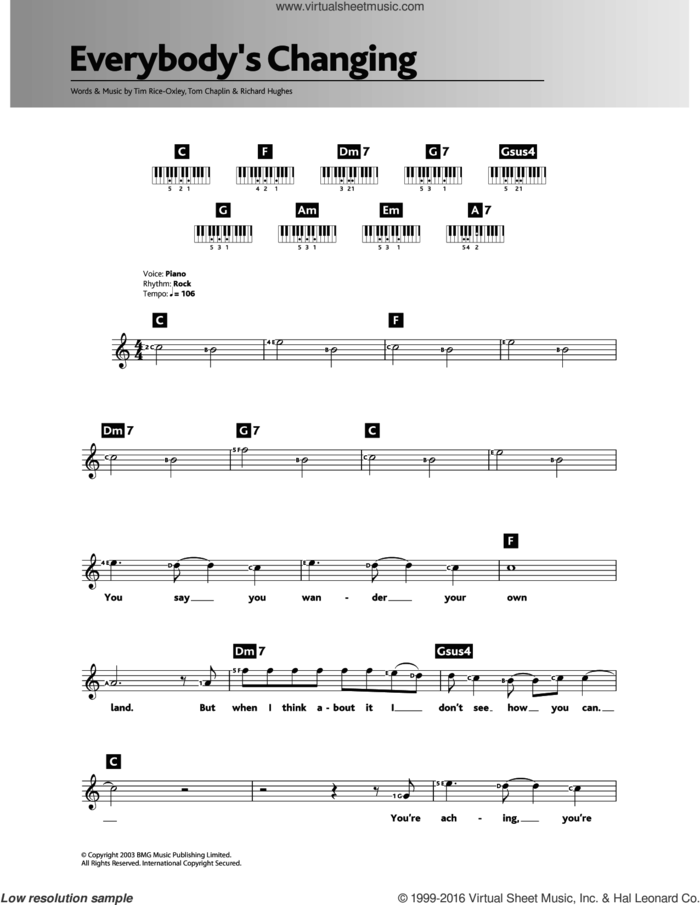 Everybody's Changing sheet music for piano solo (chords, lyrics, melody) by Tim Rice-Oxley, Richard Hughes and Tom Chaplin, intermediate piano (chords, lyrics, melody)