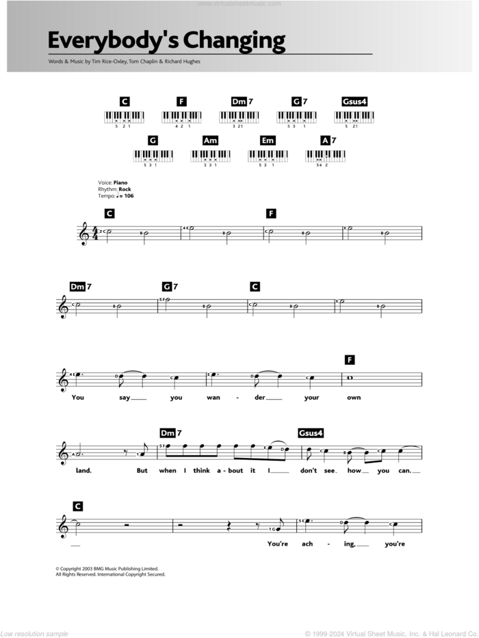 Everybody's Changing sheet music for piano solo (chords, lyrics, melody) by Tim Rice-Oxley, Richard Hughes and Tom Chaplin, intermediate piano (chords, lyrics, melody)