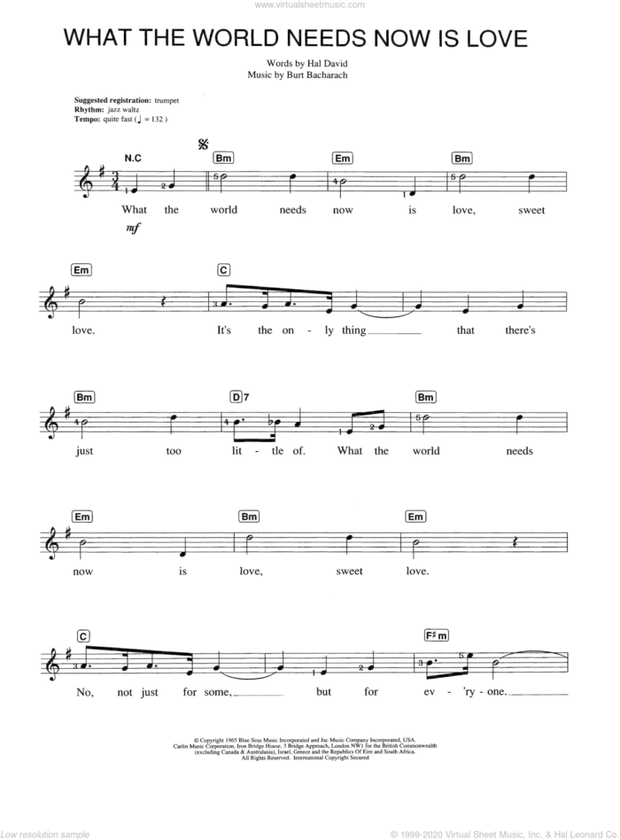 What The World Needs Now Is Love sheet music for piano solo (chords, lyrics, melody) by Burt Bacharach, Stacey Kent and Hal David, intermediate piano (chords, lyrics, melody)