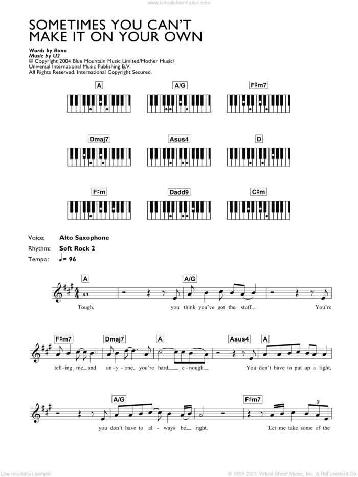 Sometimes You Can't Make It On Your Own sheet music for piano solo (chords, lyrics, melody) by U2 and Bono, intermediate piano (chords, lyrics, melody)