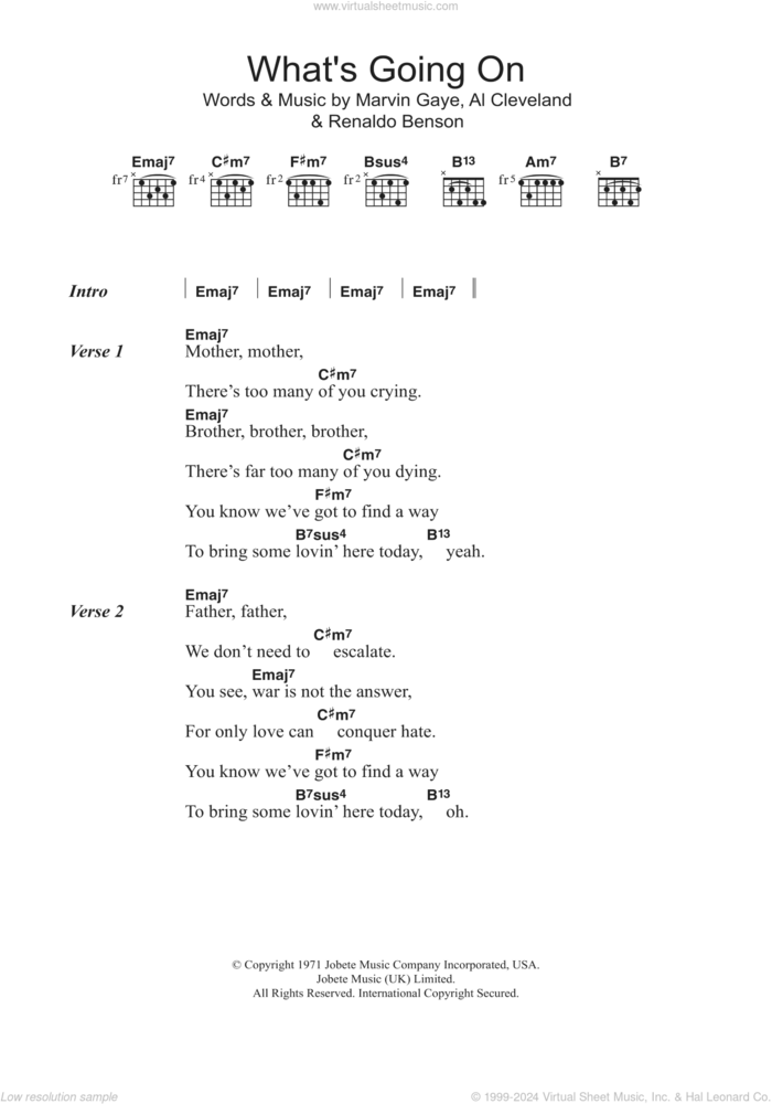 What's Going On sheet music for guitar (chords) by Marvin Gaye, Al Cleveland and Renaldo Benson, intermediate skill level