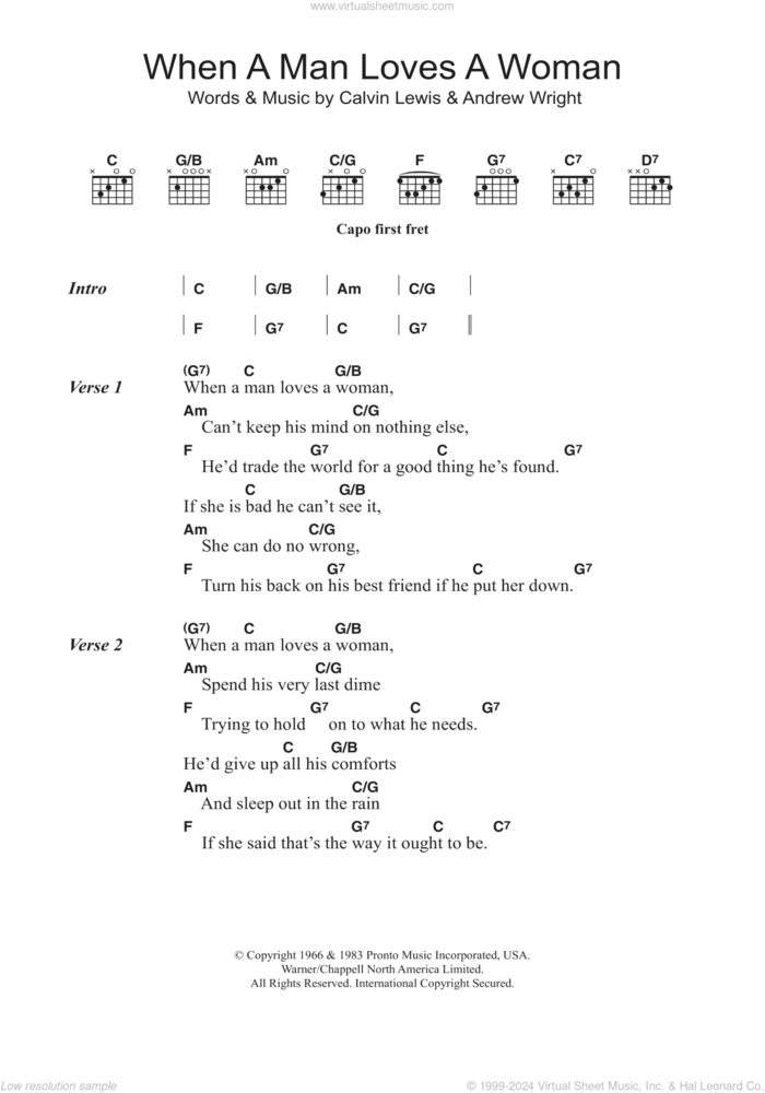 When A Man Loves A Woman sheet music for guitar (chords) by Percy Sledge, Andrew Wright and Calvin Lewis, intermediate skill level