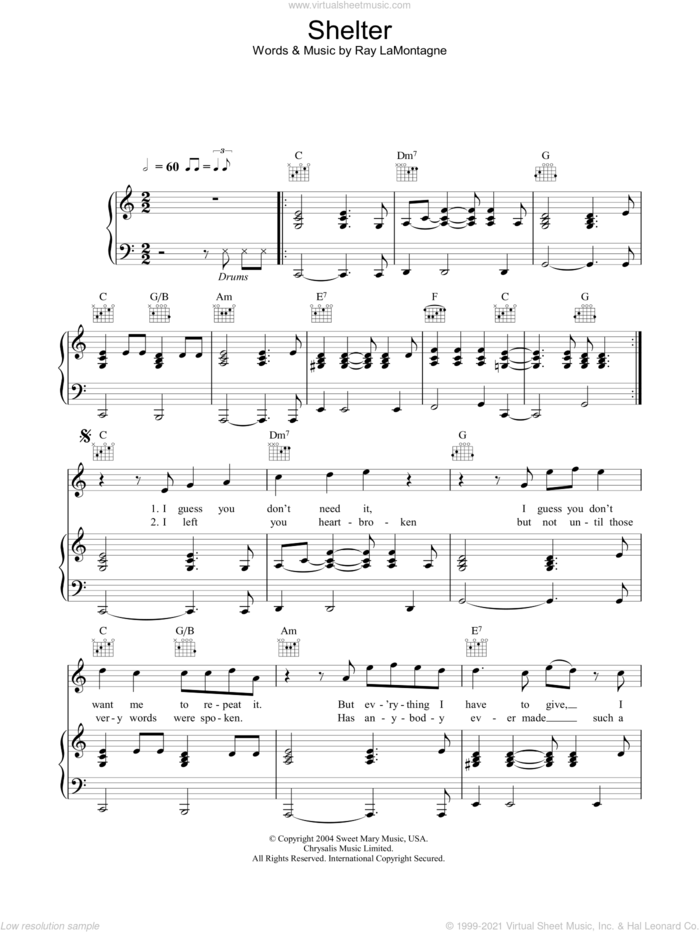 Shelter sheet music for voice, piano or guitar by Ray LaMontagne, intermediate skill level