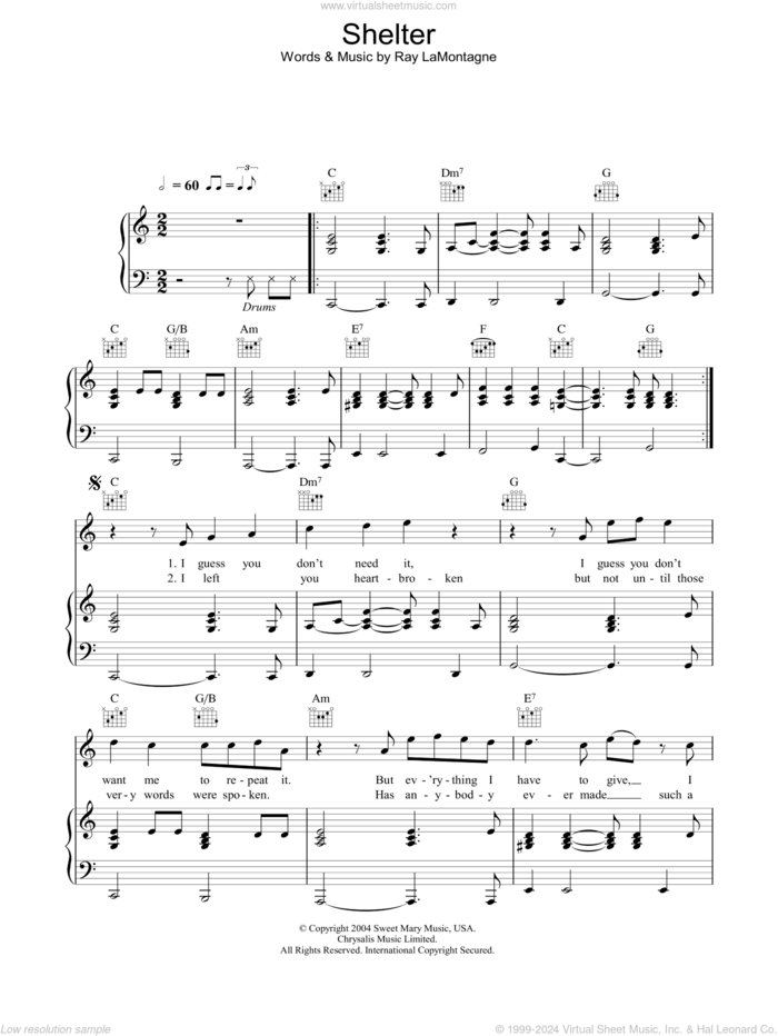 Shelter sheet music for voice, piano or guitar by Ray LaMontagne, intermediate skill level