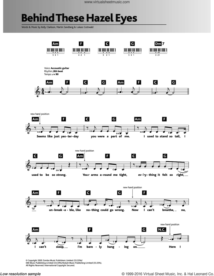 Behind These Hazel Eyes sheet music for piano solo (chords, lyrics, melody) by Kelly Clarkson, Lukasz Gottwald and Martin Sandberg, intermediate piano (chords, lyrics, melody)