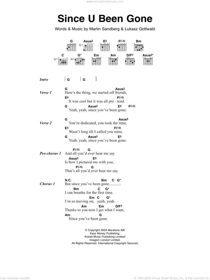 Since U Been Gone sheet music for guitar (chords) by Kelly Clarkson, Lukasz Gottwald and Martin Sandberg, intermediate skill level