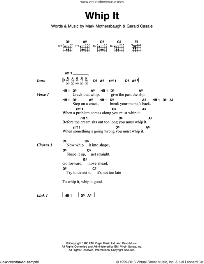 Whip It sheet music for guitar (chords) by Devo, Gerald Casale and Mark Mothersbaugh, intermediate skill level