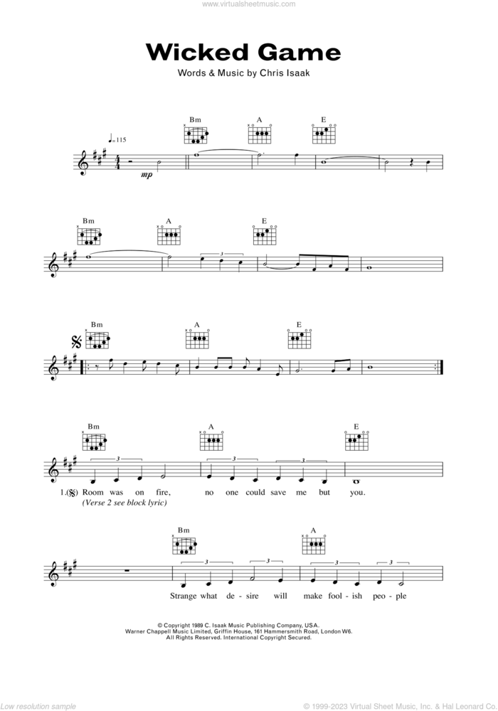 Wicked Game sheet music for voice and other instruments (fake book) by Chris Isaak, intermediate skill level