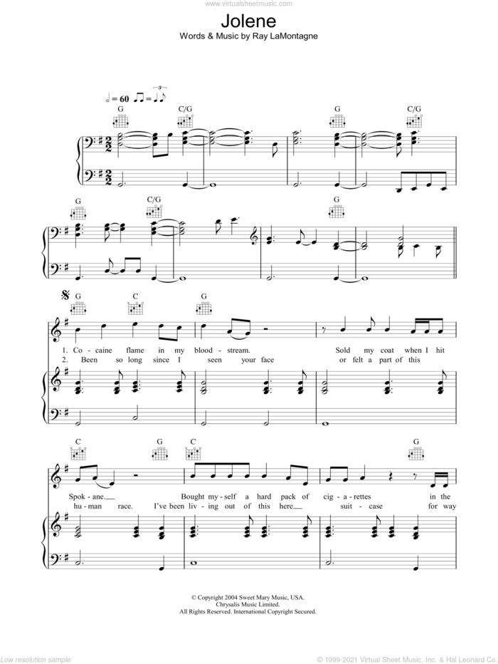 Jolene sheet music for voice, piano or guitar by Ray LaMontagne, intermediate skill level