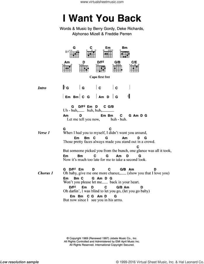 I Want You Back sheet music for guitar (chords) by The Jackson 5, Alphonso Mizell, Berry Gordy, Deke Richards and Frederick Perren, intermediate skill level