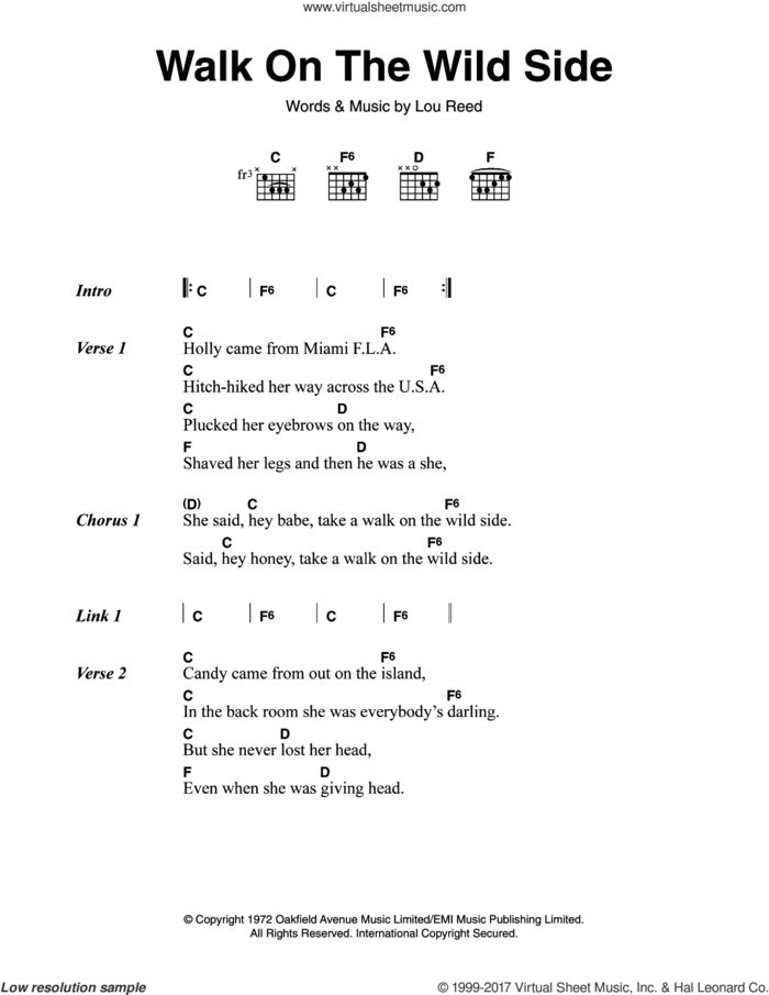 Walk On The Wild Side sheet music for guitar (chords) by Lou Reed, intermediate skill level