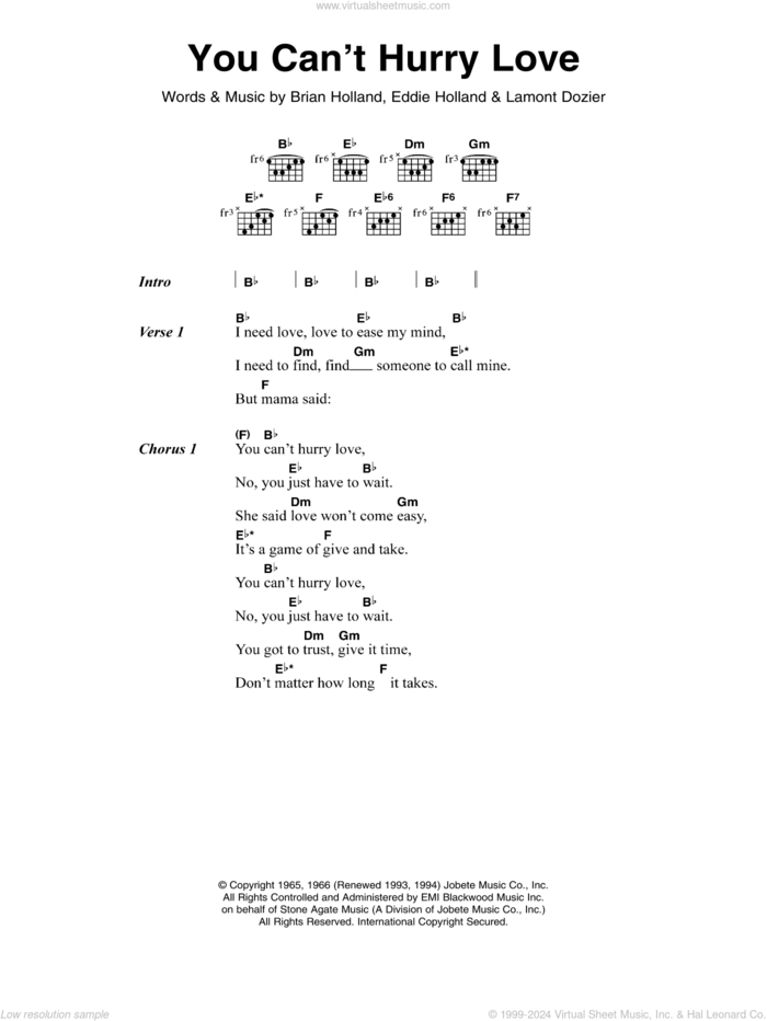 You Can't Hurry Love sheet music for guitar (chords) by The Supremes, Phil Collins, Brian Holland, Eddie Holland and Lamont Dozier, intermediate skill level