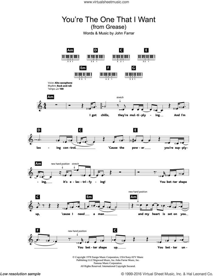 You're The One That I Want (from Grease) sheet music for piano solo (chords, lyrics, melody) by John Farrar, intermediate piano (chords, lyrics, melody)
