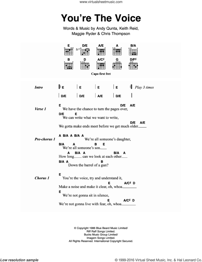 You're The Voice sheet music for guitar (chords) by John Farnham, Andy Qunta, Chris Thompson, Keith Reid and Maggie Ryder, intermediate skill level