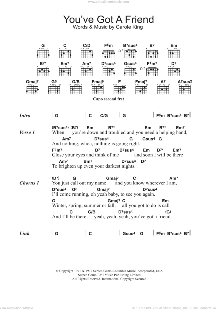 You've Got A Friend sheet music for guitar (chords) by Carole King, intermediate skill level