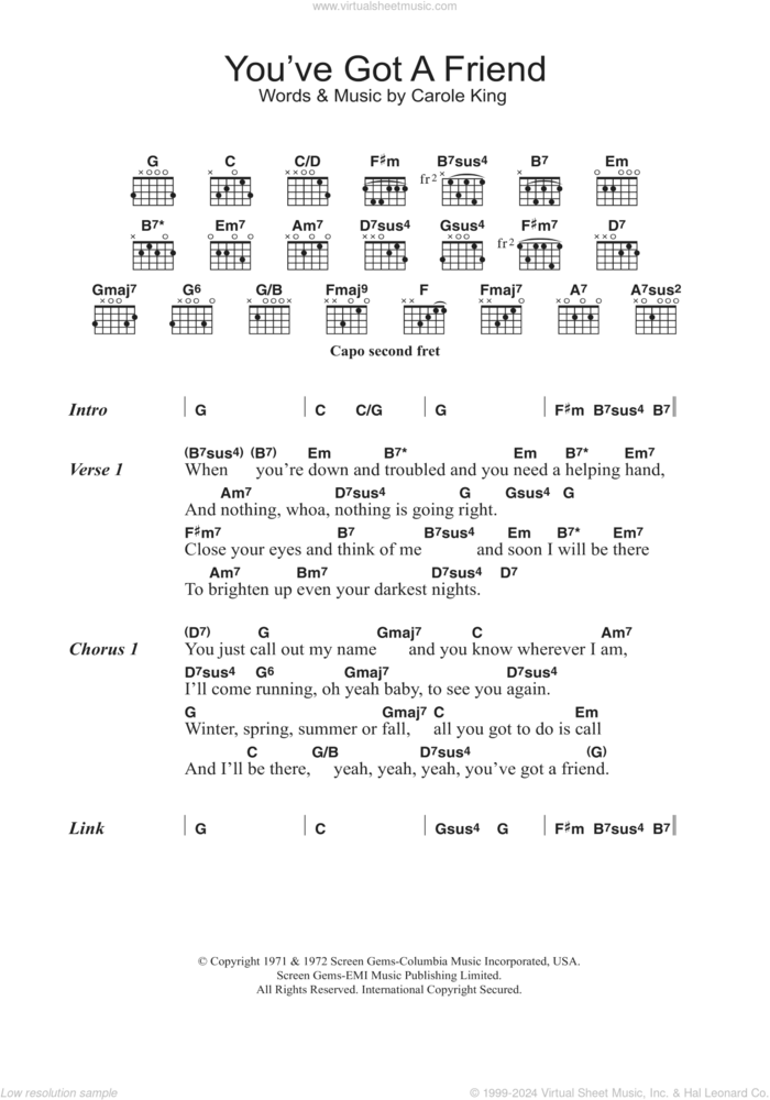 You've Got A Friend sheet music for guitar (chords) by Carole King, intermediate skill level