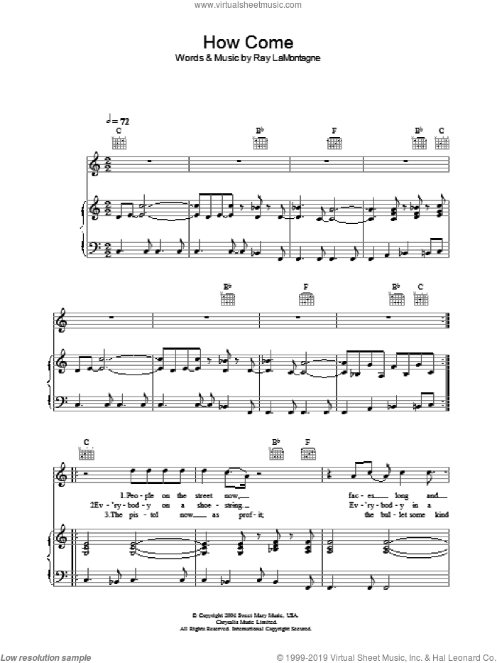 How Come sheet music for voice, piano or guitar by Ray LaMontagne, intermediate skill level