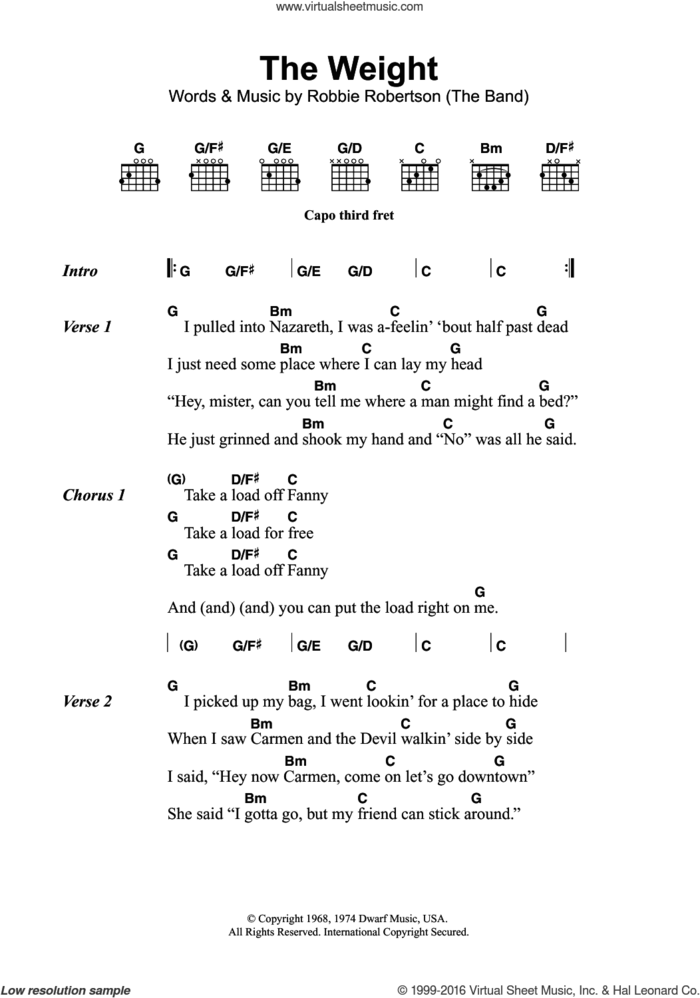 The Weight sheet music for guitar (chords) by The Band and Robbie Robertson, intermediate skill level