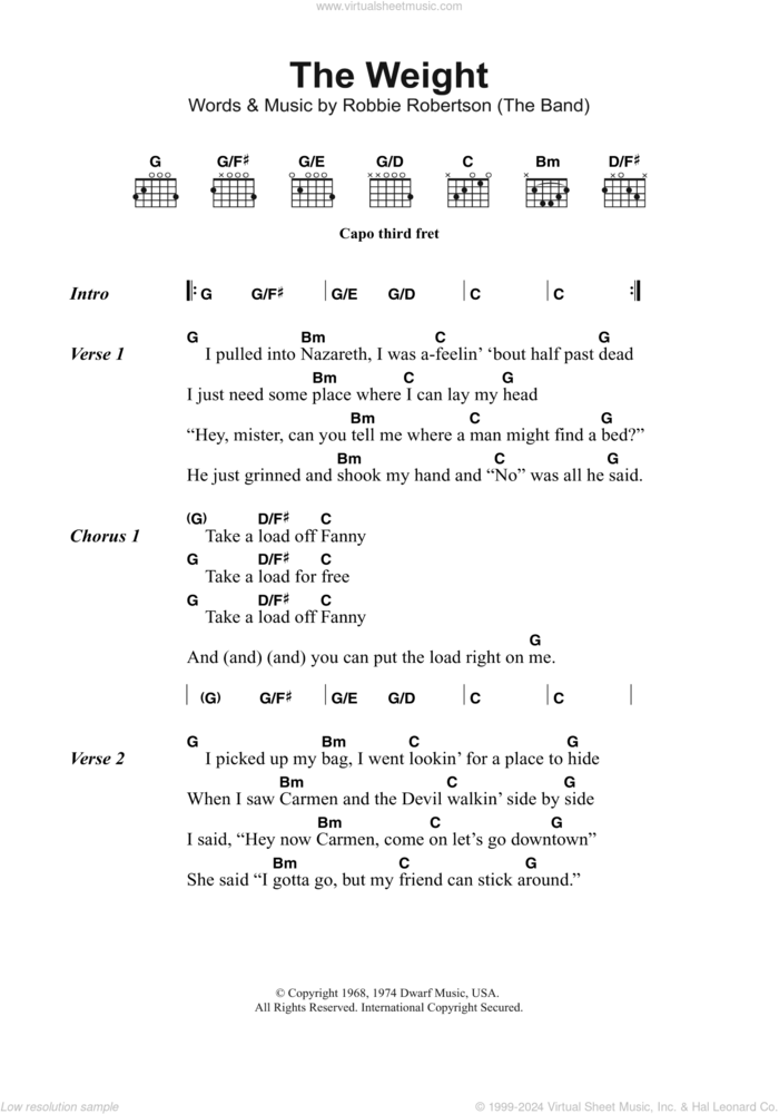 The Weight sheet music for guitar (chords) by The Band and Robbie Robertson, intermediate skill level