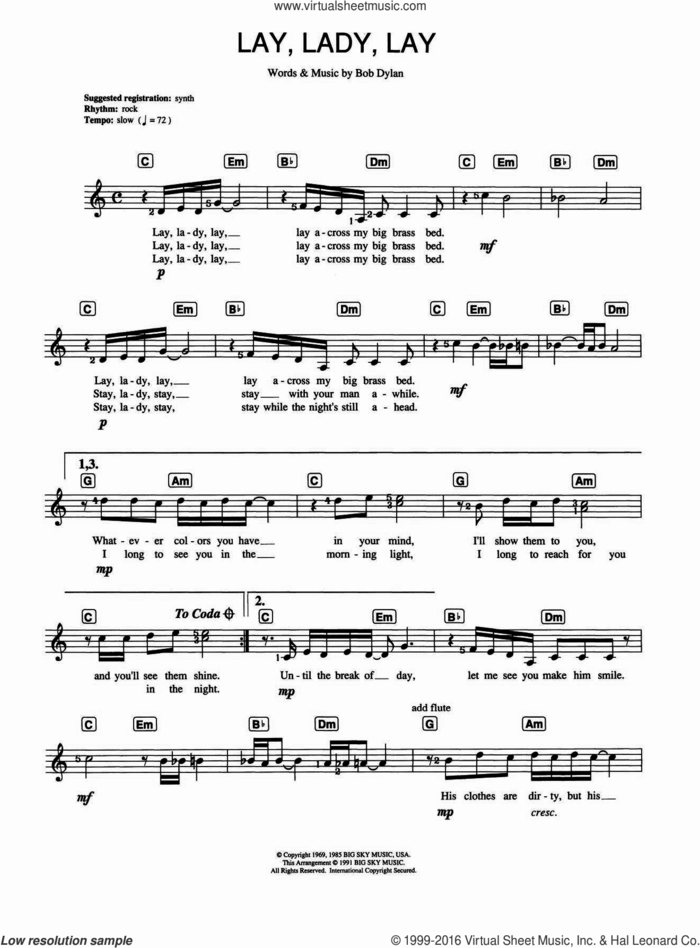 Lay Lady Lay sheet music for piano solo (chords, lyrics, melody) by Bob Dylan, intermediate piano (chords, lyrics, melody)