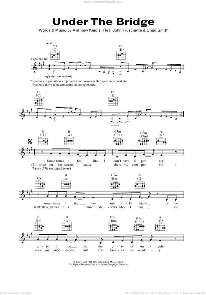 Under The Bridge sheet music for voice and other instruments (fake book) by Red Hot Chili Peppers, All Saints, Anthony Kiedis, Chad Smith, Flea and John Frusciante, intermediate skill level