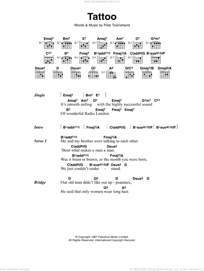 Tattoo sheet music for guitar (chords) by The Who and Pete Townshend, intermediate skill level