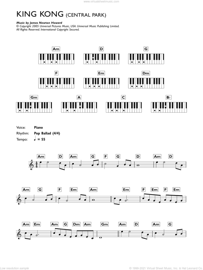Central Park (from King Kong) sheet music for piano solo (chords, lyrics, melody) by James Newton Howard, intermediate piano (chords, lyrics, melody)