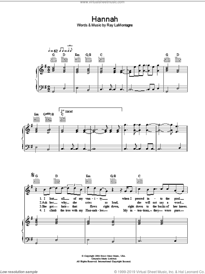 Hannah sheet music for voice, piano or guitar by Ray LaMontagne, intermediate skill level