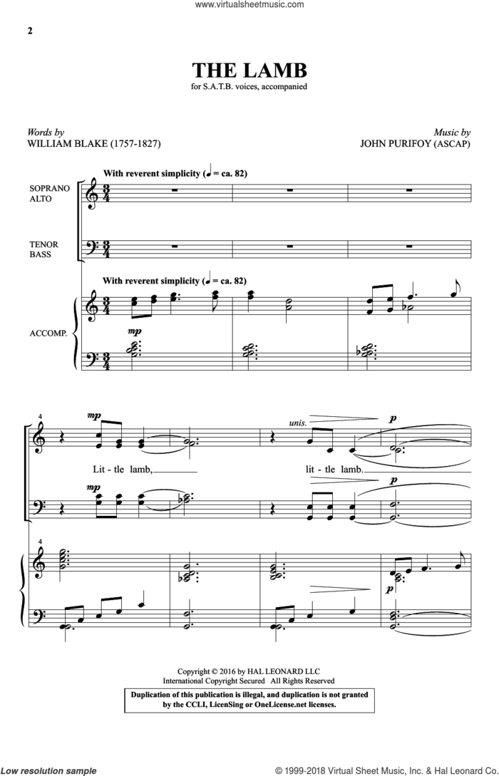 The Lamb sheet music for choir (SATB: soprano, alto, tenor, bass) by John Purifoy and William Blake, intermediate skill level