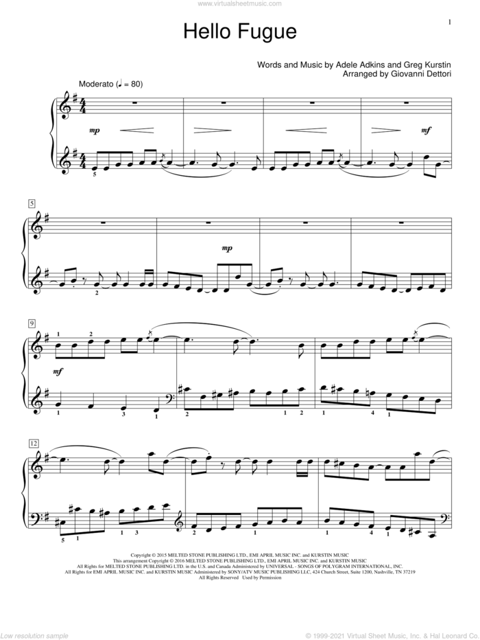 Hello Fugue (arr. Giovanni Deltori) sheet music for piano solo (elementary) by Adele, Giovanni Dettori, Adele Adkins and Greg Kurstin, beginner piano (elementary)