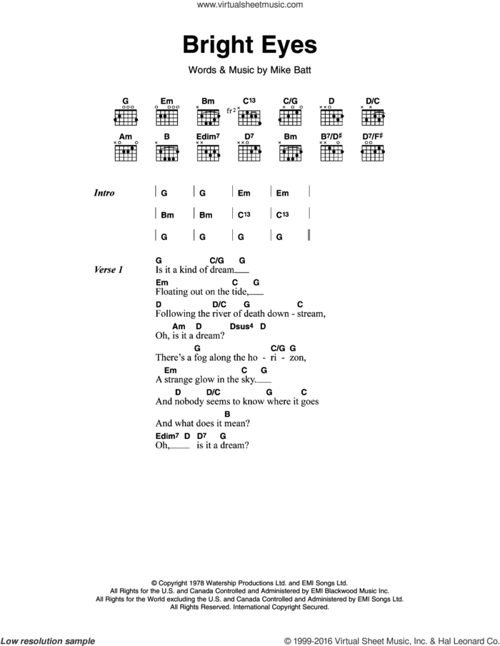 Bright Eyes sheet music for guitar (chords) by Art Garfunkel and Mike Batt, intermediate skill level