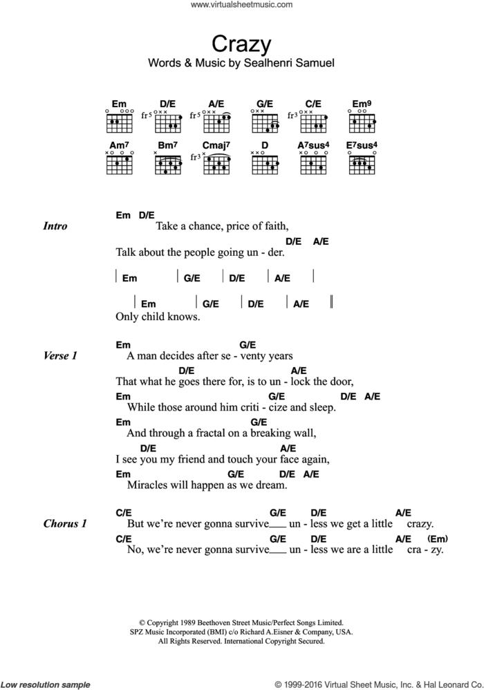 Crazy sheet music for guitar (chords) by Manuel Seal, Guy Sigsworth and Seal Henry Olusegun Olumide Adeola Samuel, intermediate skill level