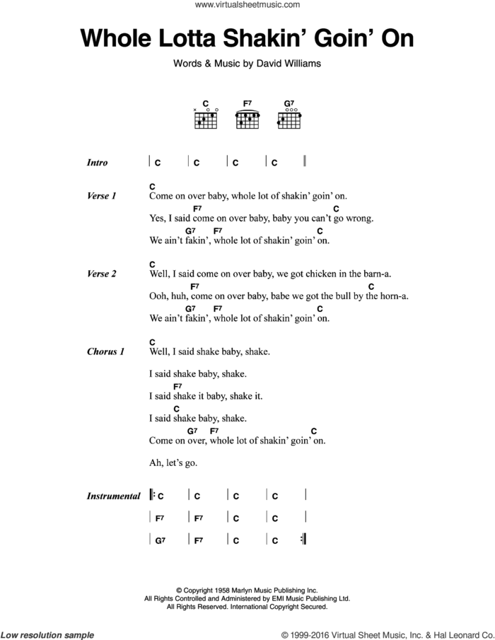 Whole Lotta Shakin' Goin' On sheet music for guitar (chords) by Jerry Lee Lewis and David Williams, intermediate skill level