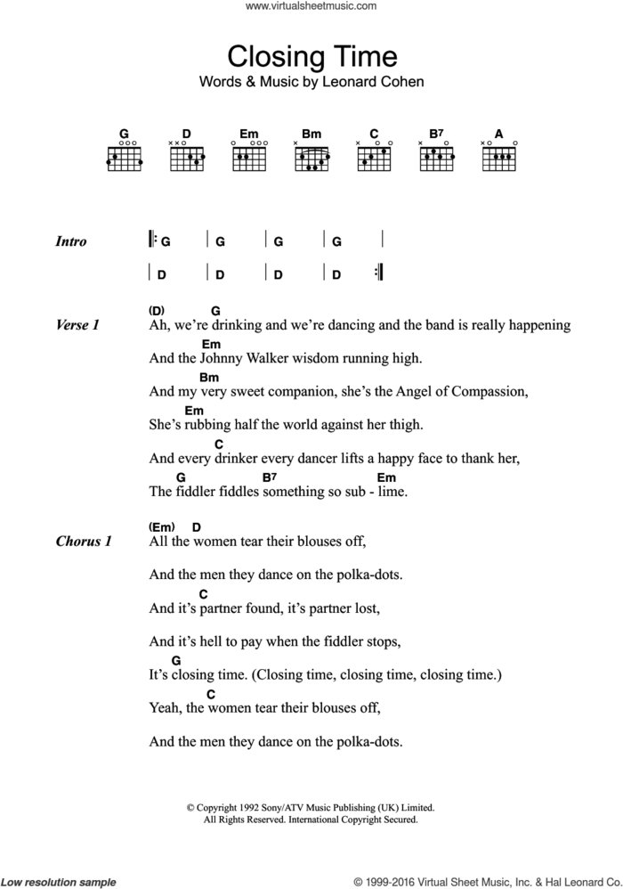 Closing Time sheet music for guitar (chords) by Leonard Cohen, intermediate skill level