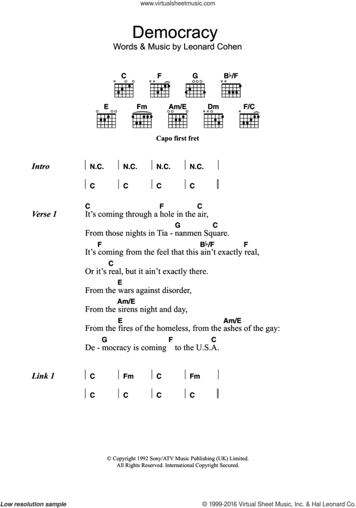 Democracy sheet music for guitar (chords) by Leonard Cohen, intermediate skill level