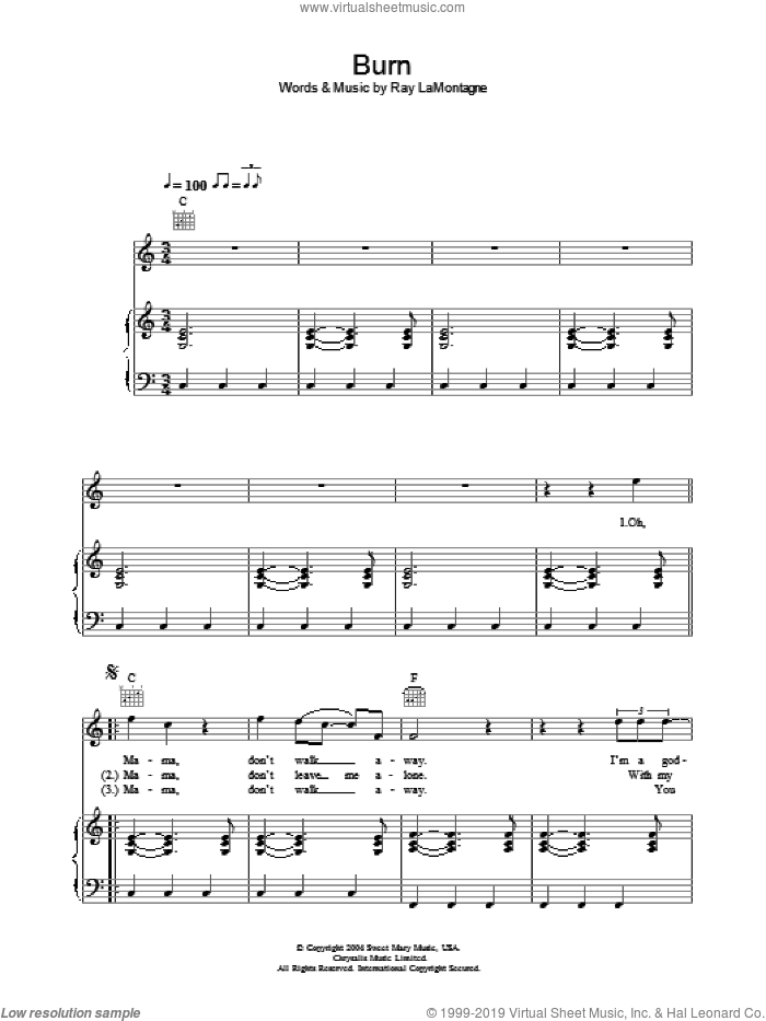 Burn sheet music for voice, piano or guitar by Ray LaMontagne, intermediate skill level