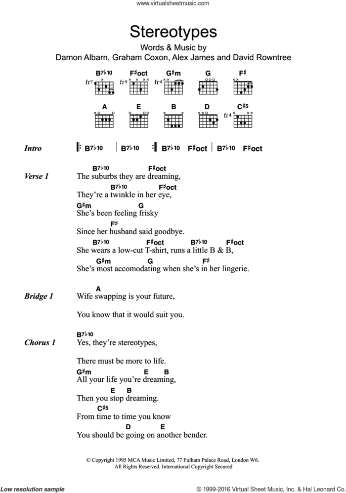 Stereotypes sheet music for guitar (chords) by Blur, Alex James, Damon Albarn, David Rowntree and Graham Coxon, intermediate skill level