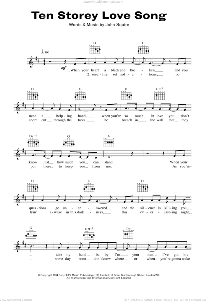 Ten Storey Love Song sheet music for voice and other instruments (fake book) by John Squire, intermediate skill level