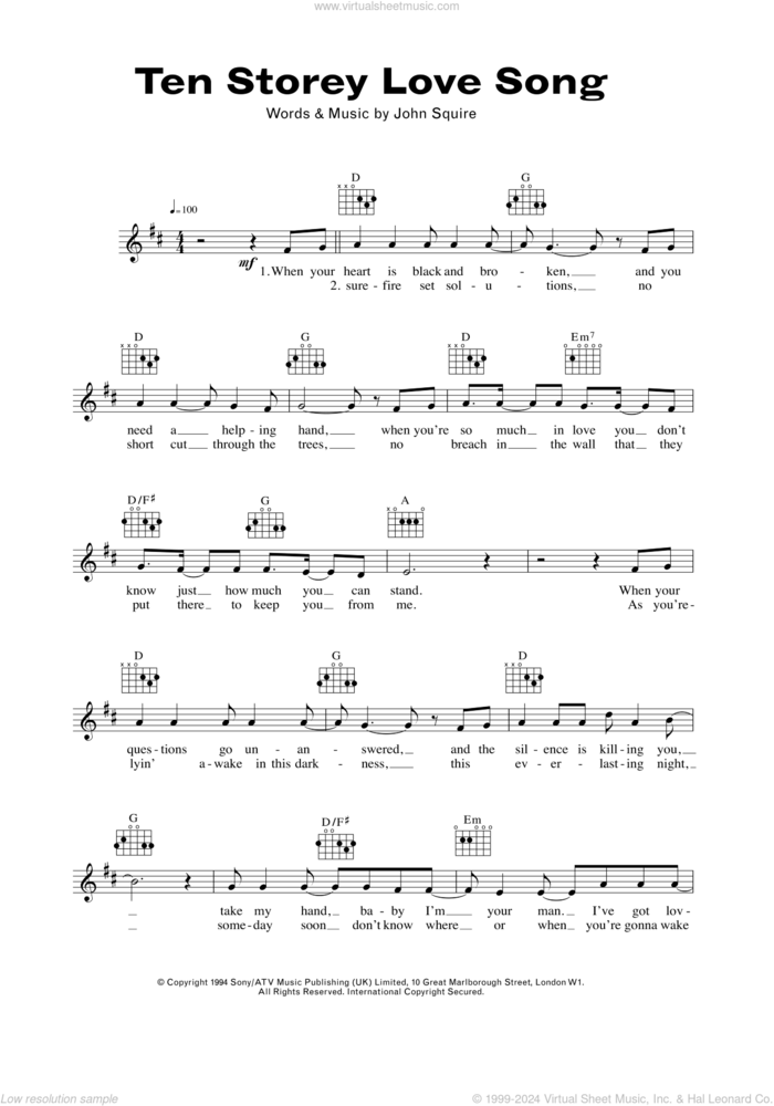 Ten Storey Love Song sheet music for voice and other instruments (fake book) by John Squire, intermediate skill level