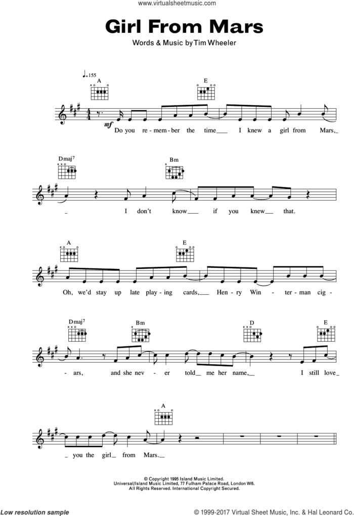 Girl From Mars sheet music for voice and other instruments (fake book) by Tim Wheeler, intermediate skill level