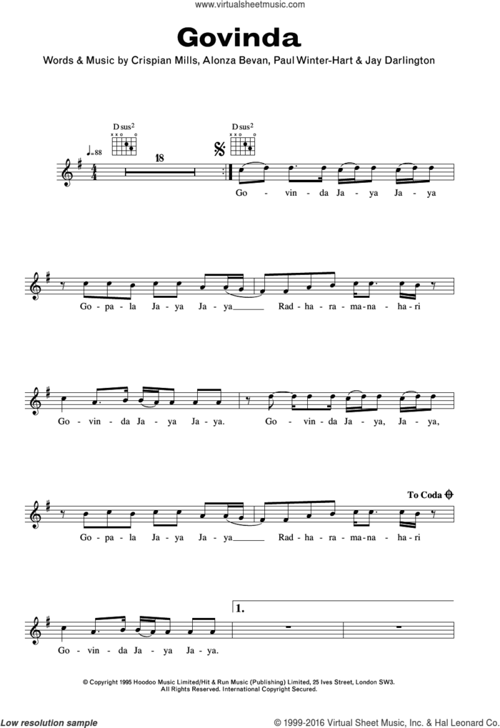 Govinda sheet music for voice and other instruments (fake book) by Kula Shaker, Alonza Bevan, Crispian Mills, Jay Darlington and Paul Winter-Hart, intermediate skill level