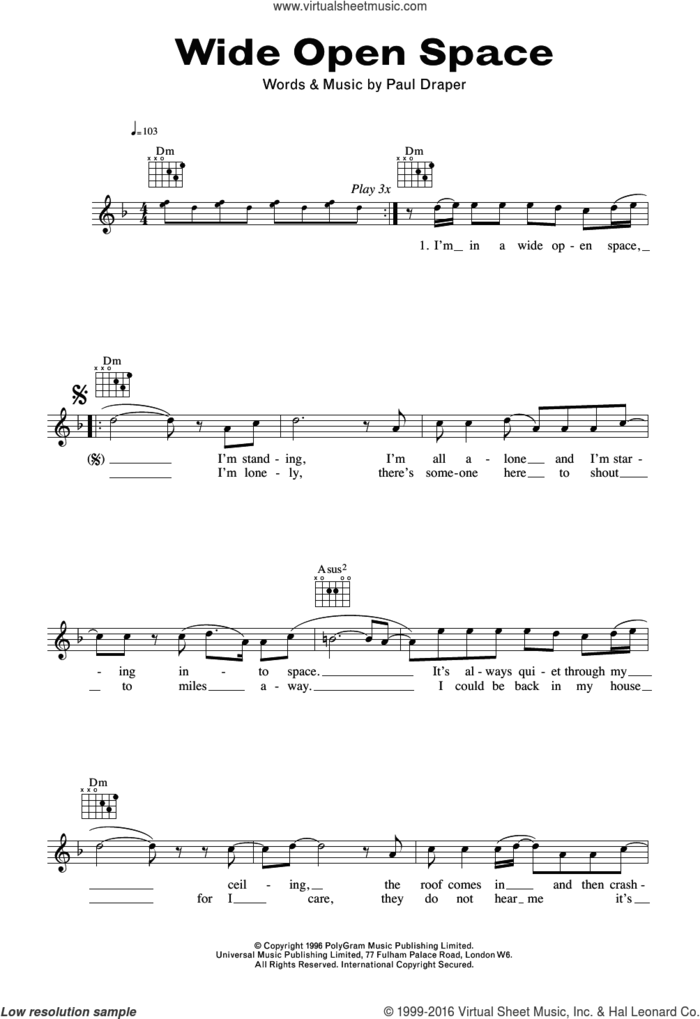 Wide Open Space sheet music for voice and other instruments (fake book) by Mansun and Paul Draper, intermediate skill level