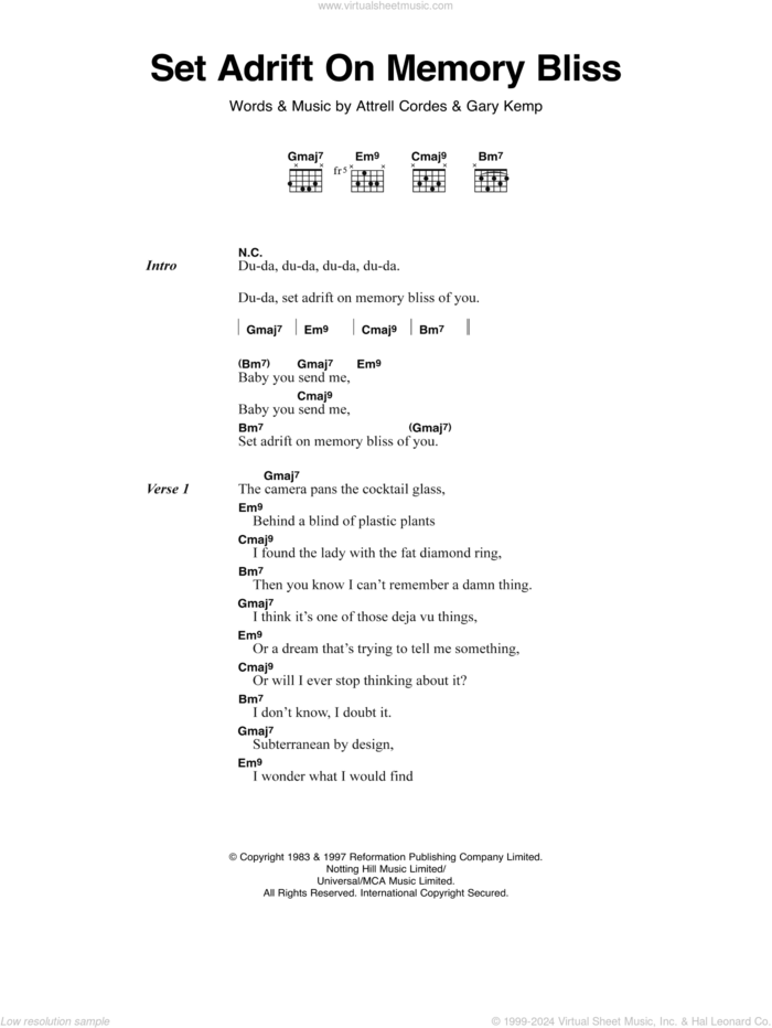 Set Adrift On Memory Bliss sheet music for guitar (chords) by P.M. Dawn, Backstreet Boys, Attrell Cordes and Gary Kemp, intermediate skill level