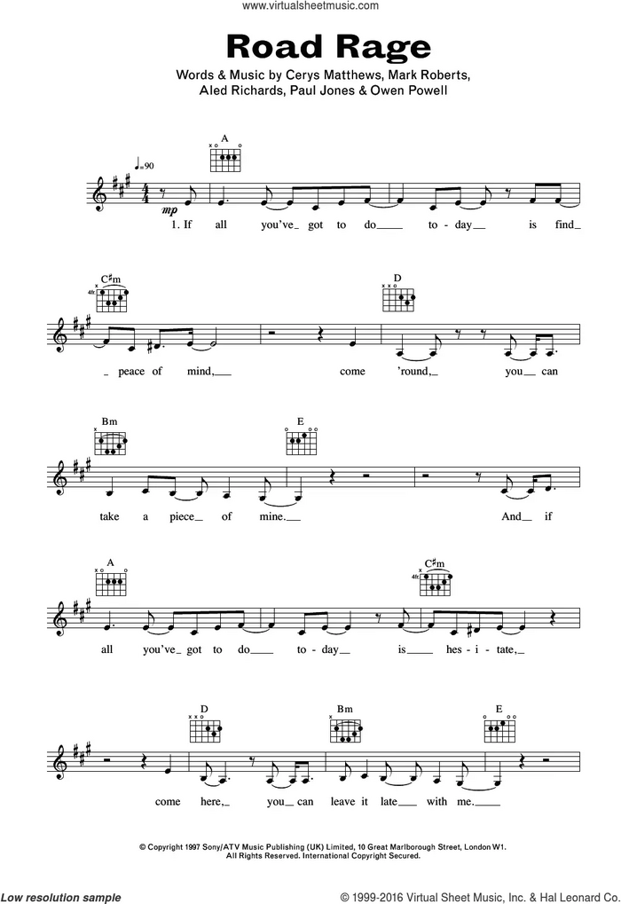 Road Rage sheet music for voice and other instruments (fake book) by Catatonia, Aled Richards, Cerys Matthews, Mark Roberts, Owen Powell and Paul Jones, intermediate skill level
