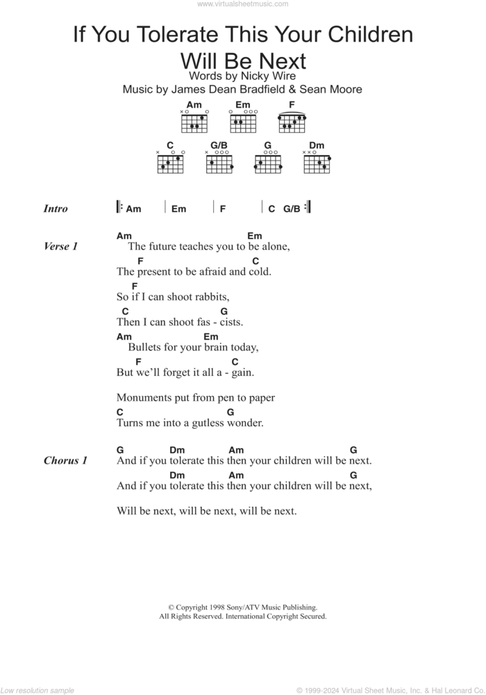 If You Tolerate This Your Children Will Be Next sheet music for guitar (chords) by Manic Street Preachers, James Dean Bradfield, Nicky Wire and Sean Moore, intermediate skill level