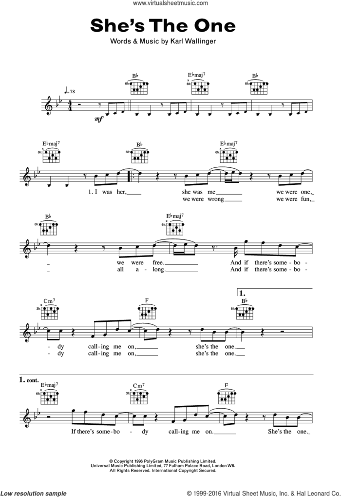 She's The One sheet music for voice and other instruments (fake book) by Robbie Williams and Karl Wallinger, intermediate skill level