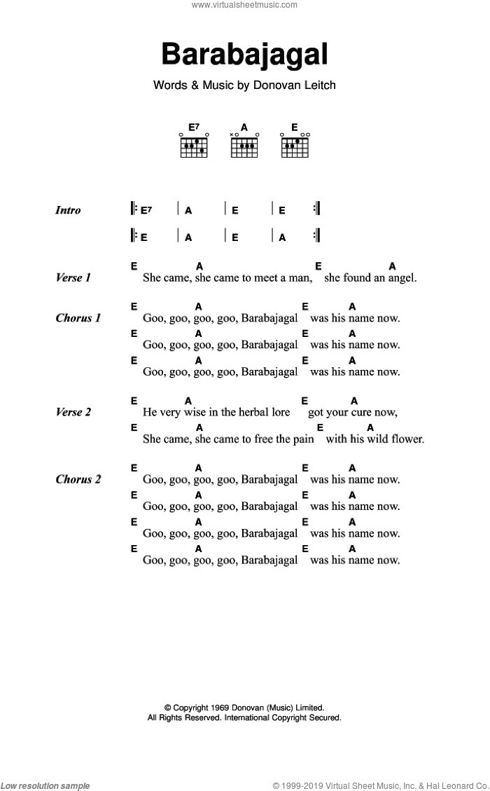 Barabajagal sheet music for guitar (chords) by Walter Donovan and Donovan Leitch, intermediate skill level
