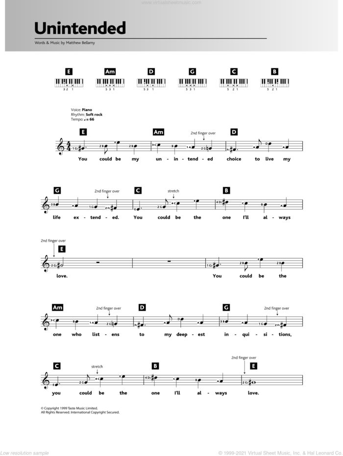 Unintended sheet music for piano solo (chords, lyrics, melody) by Muse and Matthew Bellamy, intermediate piano (chords, lyrics, melody)